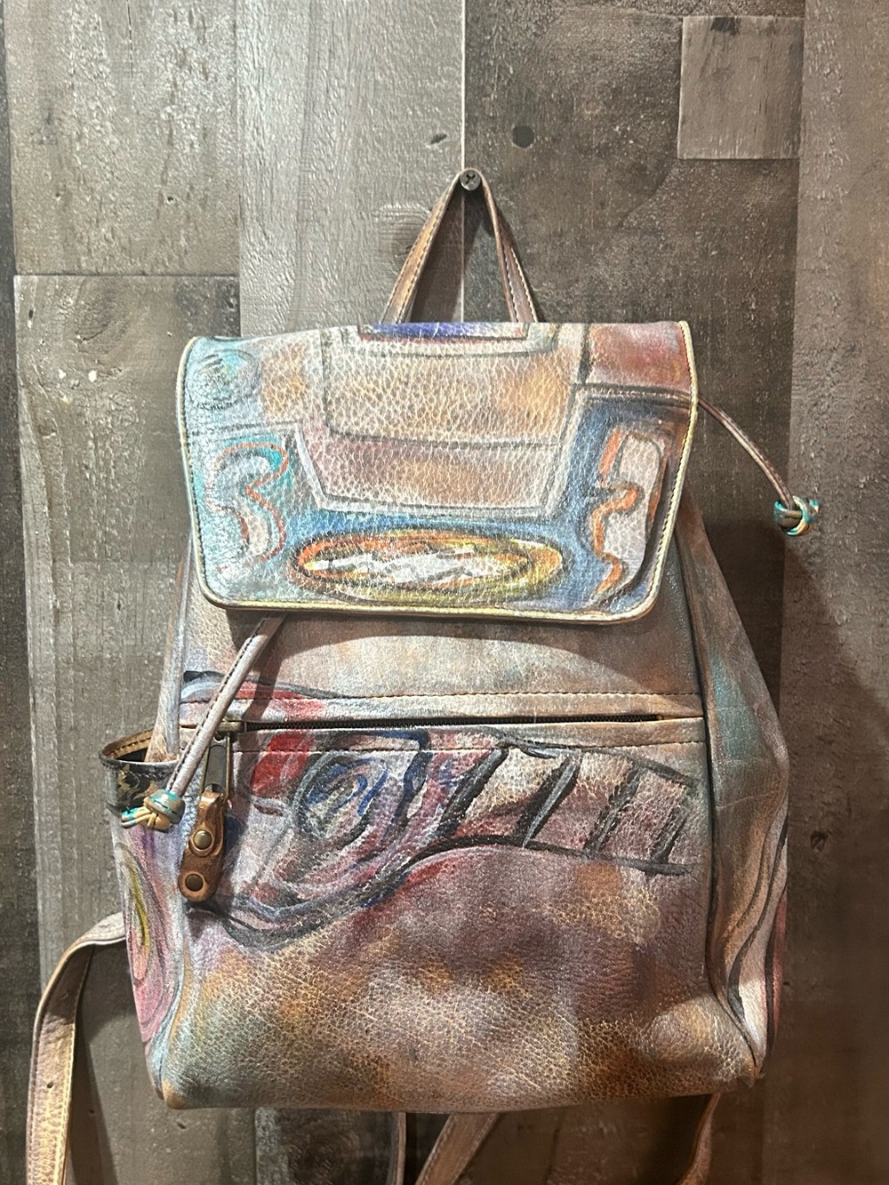 Hand-Painted Leather Backpack in Multicolor